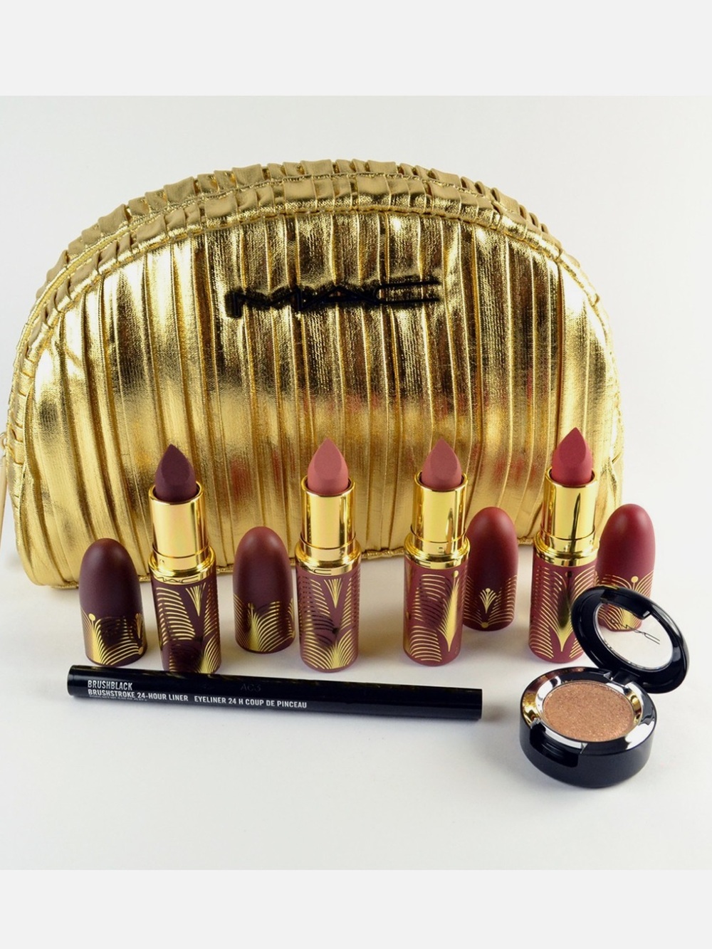 MAC Cosmetics Lipstick Set with Gold Makeup Bag - Pink, Mauve, Rose, Berry, Nude